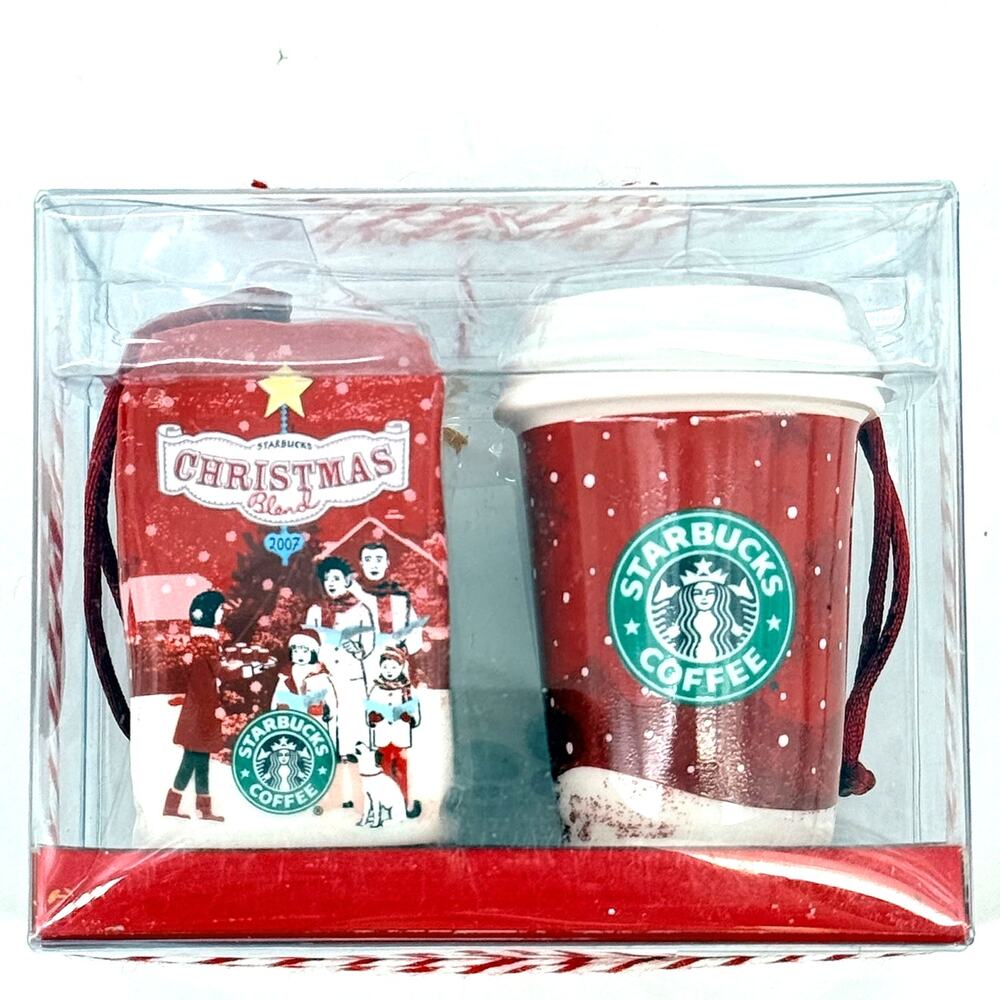 Starbucks 2007 Christmas Blend Coffee Ornament Set Of 2 Red Coffee Cup Boxed